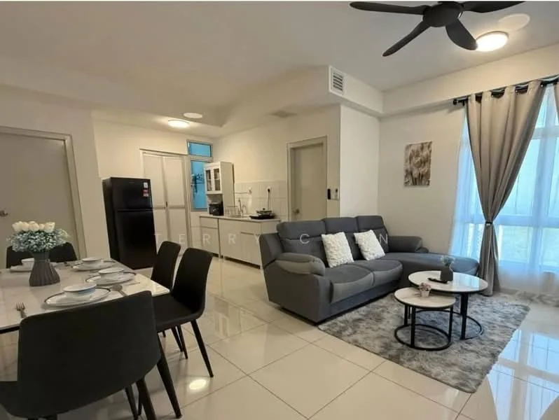 Living features: 3-seater fabric sofa in grey, coffee table, area rug with geometric pattern, wall-mounted TV, ceiling fan, large window with sheer curtains, decorative wall art, recessed downlights; style: modern; view: city. Dining features: 6-seater dining table, black upholstered dining chairs, table setting with plates and cutlery, decorative vase with flowers; style: modern. Kitchen features: white cabinetry, stainless-steel fridge, built-in oven, ceramic tile flooring, countertop with backsplash, sink, kitchen island, recessed lighting; style: modern.