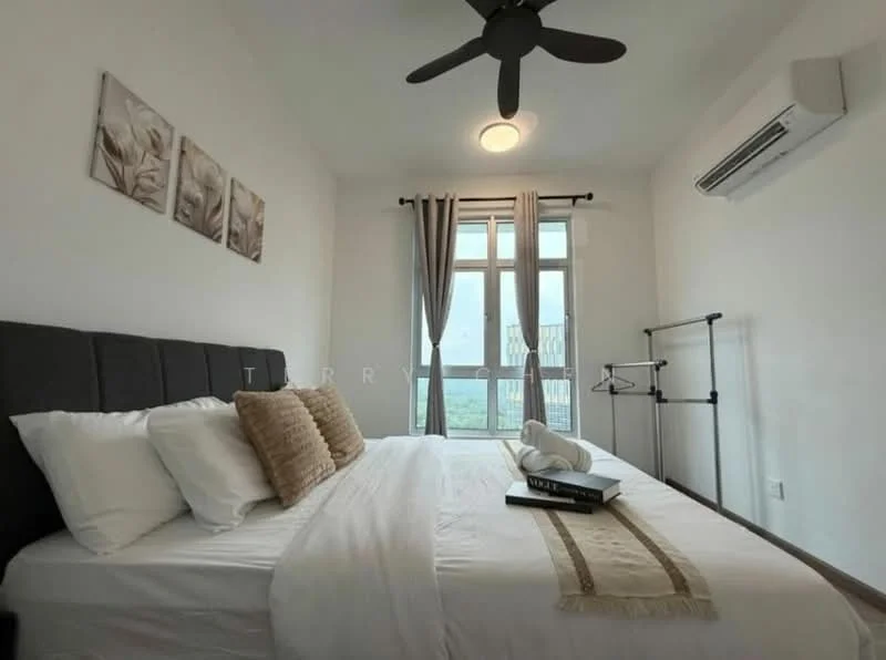 Bedroom features: king-size bed with upholstered headboard, white bedding with decorative pillows, 2 bedside pillows, ceiling fan with light, wall-mounted air conditioning unit, floor-to-ceiling windows, sheer curtains, wooden flooring, decorative wall art, clothes rack; style: modern; view: city.