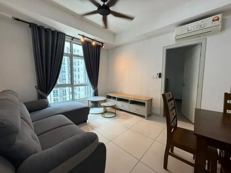 Living features: L-shape sectional sofa in grey, coffee table, TV console, wall-mounted TV, 5-blade ceiling fan with light, floor-to-ceiling windows, grey curtains, white painted walls, tile flooring, air conditioning unit; style: modern; view: city. Room features: doorway leading to another room.