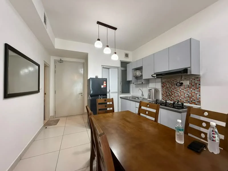 Dining features: wood dining table, 6 wooden dining chairs, pendant lighting with 3 bulbs, white painted walls, tile flooring, framed mirror on wall, kitchen area with grey cabinetry, stainless-steel sink, built-in oven, black refrigerator, colorful mosaic tile backsplash; style: modern.