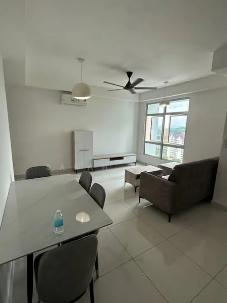 Living features: 5-blade ceiling fan with light, wall-mounted split AC, large windows with city view, grey fabric sofa, coffee table, TV console, wall-mounted TV, marble dining table, 4 upholstered dining chairs, white painted walls, tile flooring, recessed downlights; style: modern; view: city.