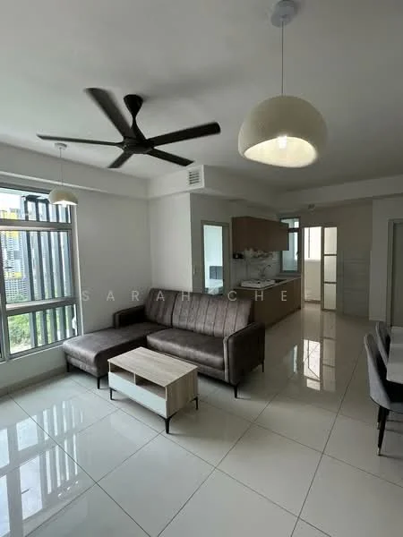 Living features: 3-seater fabric sofa in brown, coffee table with wooden top and metal legs, floor-to-ceiling windows, white painted walls, glossy tile flooring, ceiling fan with light, pendant light, open layout to kitchen, decorative wall art, dining table in background; style: modern; view: city.