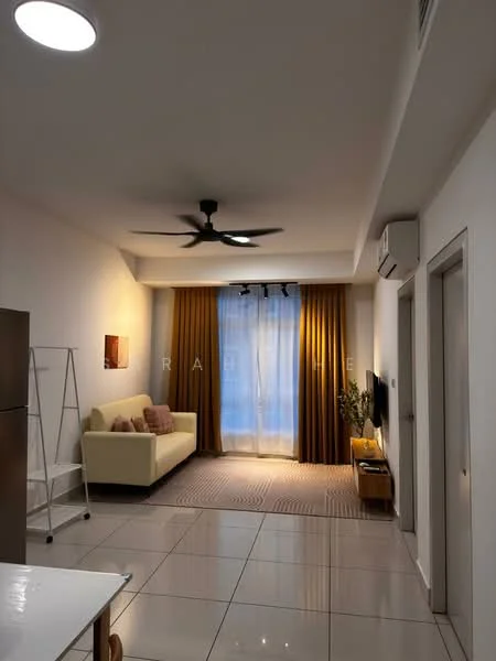 Living features: cream painted walls, white ceiling, 5-blade ceiling fan with light, floor-to-ceiling windows, sheer curtains, golden-brown curtains, light-colored sofa, decorative cushions, wall-mounted TV, wooden TV console, area rug with geometric pattern, recessed downlights, tile flooring; style: modern.