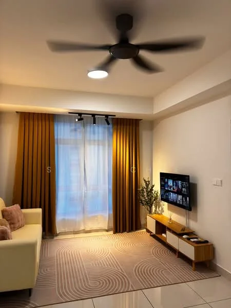 Living features: 5-blade ceiling fan with light, wall-mounted TV, TV console with storage, cream fabric sofa, area rug with geometric pattern, curtains in mustard yellow, floor-to-ceiling windows, recessed lighting, white painted walls, glossy tile flooring; style: modern; view: city.