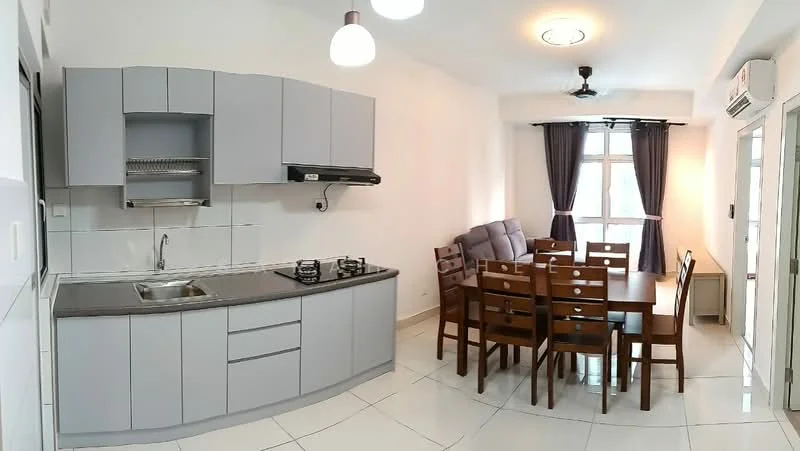 Kitchen features: L-shaped grey cabinetry, granite countertop, single-bowl stainless-steel sink, chrome pull-down faucet, built-in gas hob, exhaust hood, white tiled backsplash, white walls, recessed downlights, floor-to-ceiling window, white ceramic tile flooring; style: modern. Dining features: 6-seater wooden dining table, brown wooden dining chairs, large window with curtains, ceiling fan, white walls, white ceramic tile flooring; style: modern.