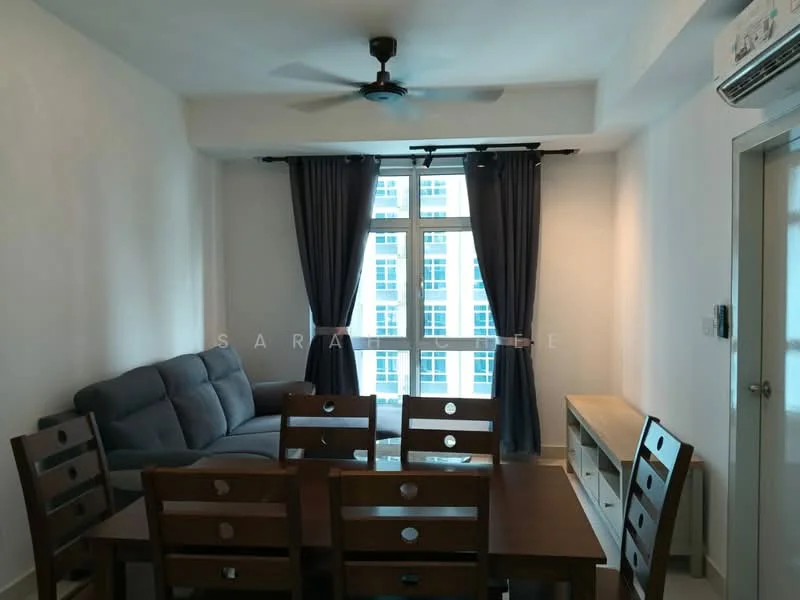 Living features: 3-seater fabric sofa in grey, wooden dining table with 6 chairs, floor-to-ceiling windows, dark blue curtains, ceiling fan, wall-mounted air conditioning unit, light-coloured wooden console table, white painted walls, laminate flooring; style: modern; view: city.