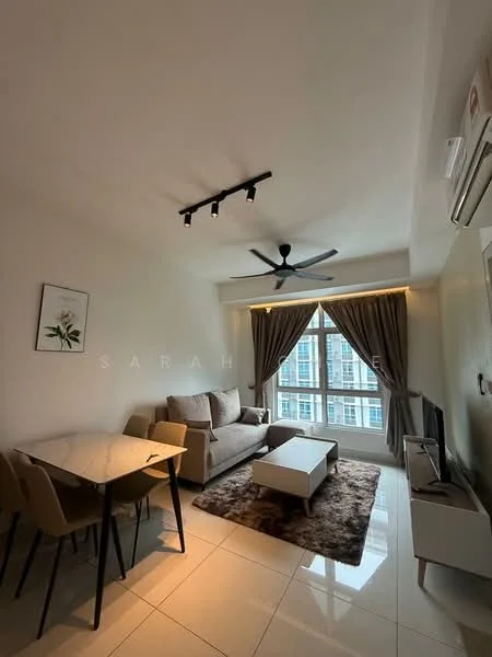 Living features: 3-seater fabric sofa in light grey, coffee table, TV console, wall-mounted TV, area rug with geometric pattern, 5-blade ceiling fan with light, recessed LED downlights, floor-to-ceiling windows with sheer curtains, dining table for 4, decorative wall art; style: modern; view: city.