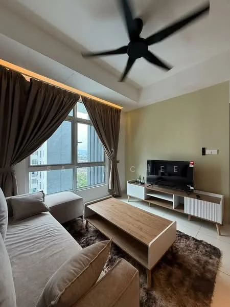 Living features: 3-seater fabric sofa in beige, wooden coffee table, TV console, wall-mounted TV, area rug with geometric pattern, floor-to-ceiling windows, sheer curtains, 5-blade ceiling fan, recessed lighting, decorative wall panel, neutral painted walls, light-colored flooring; style: modern; view: city.