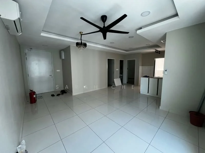 Living features: white painted walls, polished ceramic tile flooring, tray ceiling, 5-blade ceiling fan with light, recessed downlights, chandelier, floor-to-ceiling windows, open layout to kitchen, air conditioning unit, fire extinguisher, decorative wall paneling; style: modern. Kitchen features: white cabinetry, countertop with bar seating, stainless-steel sink, built-in appliances, tile backsplash; style: modern. Room features: doorway to bedrooms, doorway to bathroom.