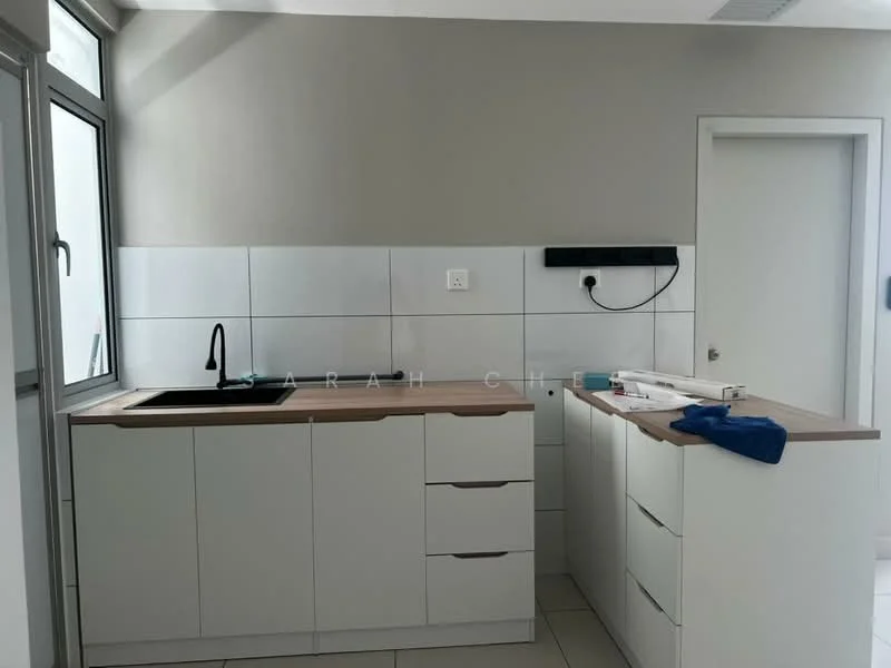 Kitchen features: white cabinetry with flat-panel doors, wood countertop, single-bowl black sink, black gooseneck faucet, white tiled backsplash, grey painted walls, large window providing natural light, built-in electrical outlet, floor tiles, open shelving, drawer storage; style: modern.