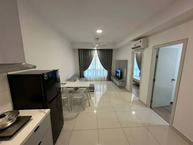Living features: white painted walls, glossy tile flooring, 5-blade ceiling fan with light, floor-to-ceiling windows with sheer curtains, TV console, wall-mounted TV, dining table with chairs, black refrigerator, kitchen countertop with stove, air conditioning unit; style: modern.