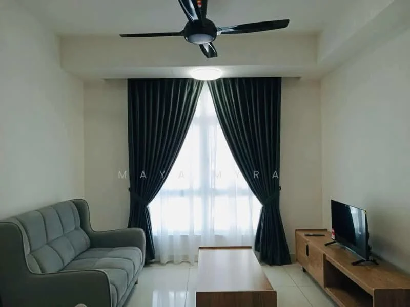 Living features: 3-seater fabric sofa in grey, wooden coffee table, TV console, wall-mounted TV, floor-to-ceiling window, sheer curtains, blackout curtains, ceiling fan with light, white painted walls, glossy tile flooring; style: modern.