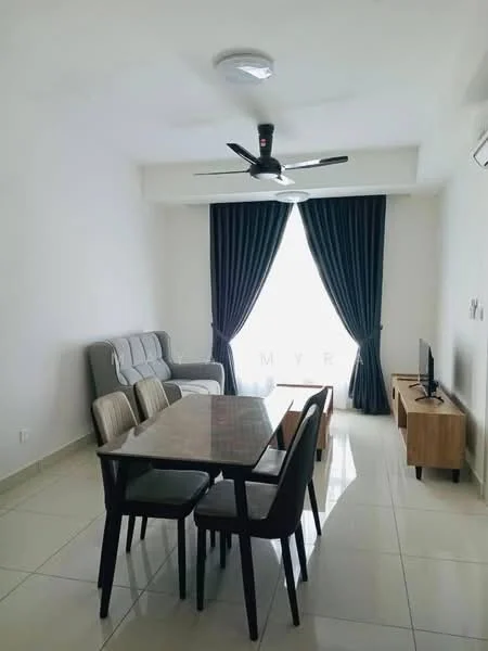 Dining features: 6-seater dining table, black dining chairs, grey fabric sofa, TV console, wall-mounted TV, ceiling fan, floor-to-ceiling windows, dark blue curtains, light-colored tiled flooring, white painted walls; style: modern.