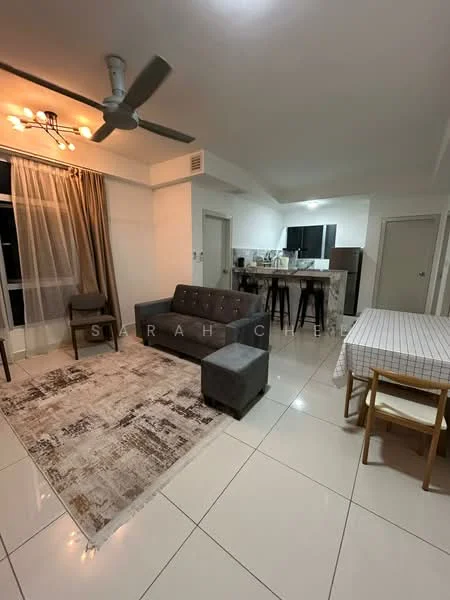 Living features: 3-seater grey fabric sofa, 2 armchairs in brown, coffee table, area rug with abstract pattern, ceiling fan, recessed downlights, floor-to-ceiling windows with sheer curtains, dining table with checkered tablecloth and 4 wooden chairs, tile flooring, wall-mounted TV, decorative wall art; style: modern; view: city. Kitchen features: kitchen island with bar stools, stainless-steel sink, built-in oven, freestanding range oven, microwave, cabinetry, countertop, tile backsplash; style: modern.