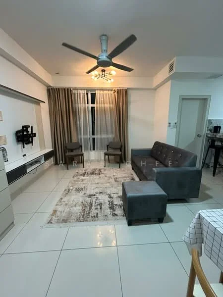 Living features: 3-seater fabric sofa in grey, 2 accent chairs, coffee table, TV console, wall-mounted TV, area rug with geometric pattern, ceiling fan with light, curtains, white painted walls, tile flooring, recessed downlights; style: modern.