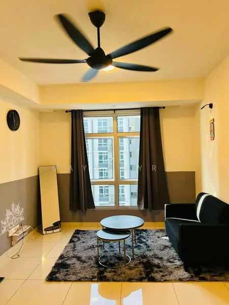 Living features: black fabric sofa, round coffee table, area rug with geometric pattern, floor-to-ceiling windows, grey painted walls, white ceiling, 5-blade ceiling fan with light, black curtains, full-length mirror, wall clock; style: modern.