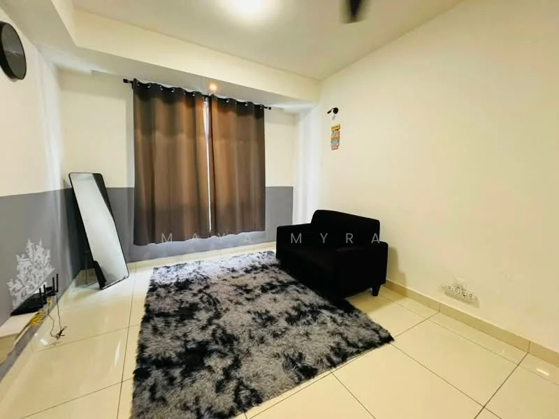 Living features: grey accent wall, white painted walls, floor-to-ceiling windows with blackout curtains, black fabric sofa, area rug with geometric pattern, polished ceramic tile flooring, mirror, ceiling fan; style: modern.