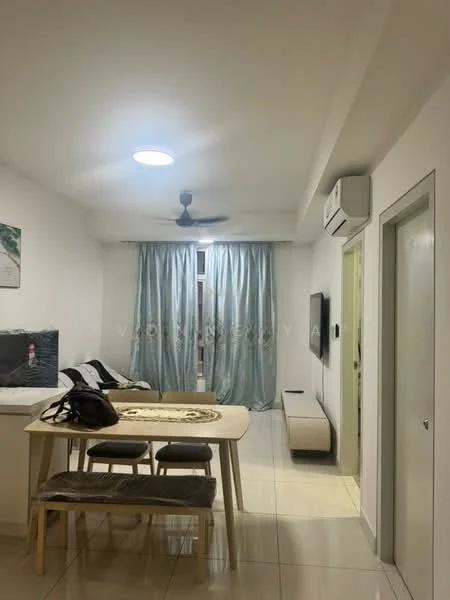 Living features: white painted walls, glossy tile flooring, 5-blade ceiling fan with light, recessed ceiling lights, large window with sheer curtains, wall-mounted TV, light-colored sofa, dining table with wooden chairs, decorative wall art, air conditioning unit; style: modern.