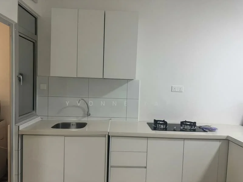 Kitchen features: white cabinetry, single-bowl stainless-steel sink, chrome faucet, white countertop, gas cooktop with two burners, grey tiled backsplash, wall-mounted cabinets, under-cabinet lighting, window for natural light; style: modern.