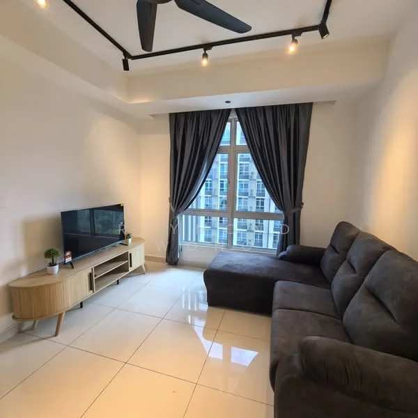 Living features: grey fabric sectional sofa, flat-screen TV on wooden TV console, light-colored wooden TV console, white painted walls, glossy white tile flooring, ceiling fan with light, recessed downlights, floor-to-ceiling windows with sheer curtains, dark grey curtains, decorative plant on console; style: modern; view: city.