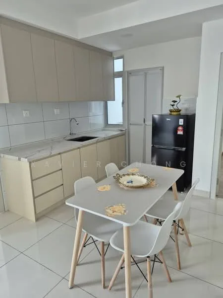 Kitchen features: white cabinets, grey countertop, single-bowl stainless-steel sink, chrome pull-down faucet, built-in oven, black fridge, white dining table, 4 white dining chairs, ceramic tile flooring, white walls, large window for natural light; style: modern.