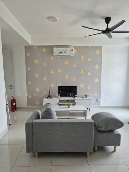 Living features: grey fabric sofa, white coffee table, wall-mounted TV, decorative wall with floral wallpaper, white tiled flooring, 1 wall-mounted split AC, 5-blade ceiling fan, fire extinguisher, decorative item on coffee table; style: modern.