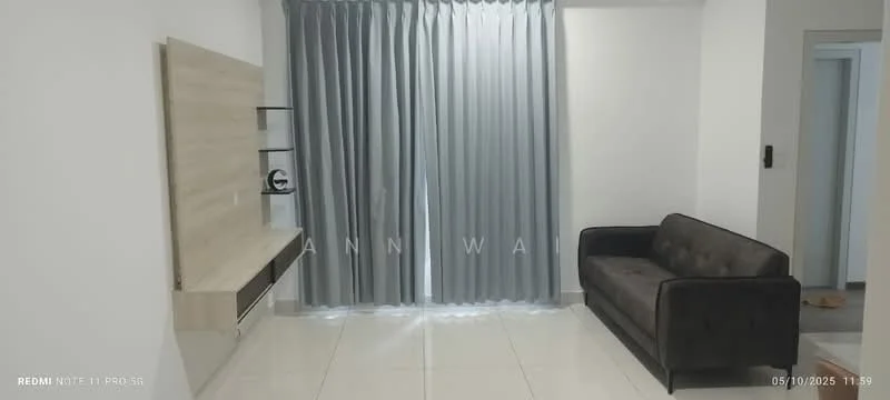 Living features: grey fabric sofa, wall-mounted TV console, light-colored wooden wall panel, floor-to-ceiling curtains, white walls, glossy tile flooring, recessed lighting, open layout; style: modern.
