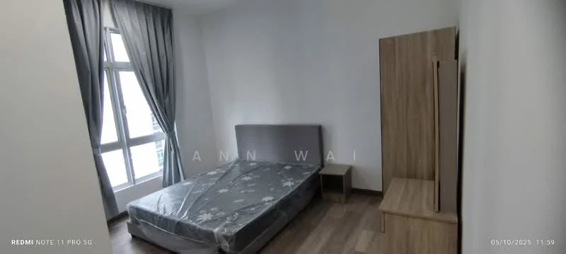 Bedroom features: queen-size bed with mattress, grey upholstered headboard, wooden bedside table, wooden wardrobe, floor-to-ceiling windows, grey curtains, laminate flooring, white painted walls; style: modern; view: city.