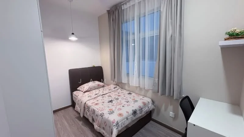 Bedroom features: queen-size bed with upholstered headboard, floral patterned bedding, white sheer curtains, grey walls, wooden flooring, desk with chair, wall-mounted shelf, pendant light fixture; style: modern.