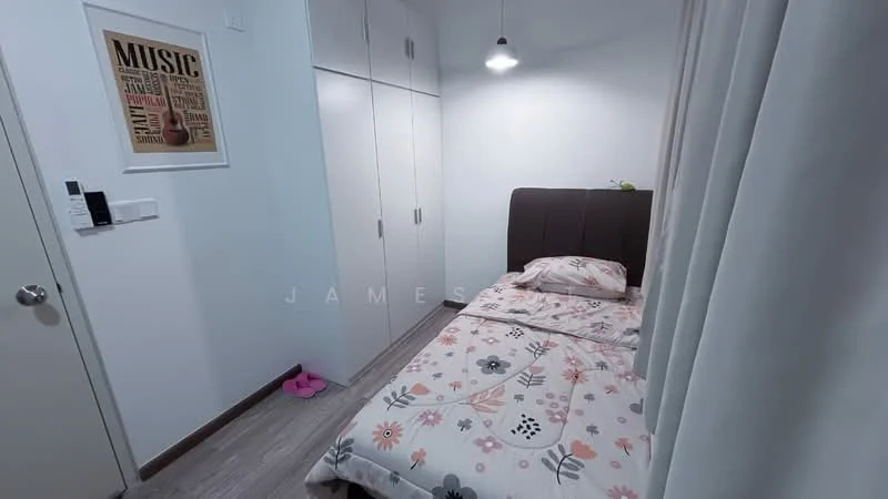 Bedroom features: queen-size bed with floral bedding, upholstered headboard, built-in wardrobe with sliding doors, wall-mounted light fixture, framed artwork on wall, wooden flooring, curtains, pink slippers on floor; style: modern.