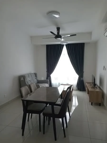 Dining features: 6-seater dining table, upholstered dining chairs, ceiling fan, floor-to-ceiling window, curtains, TV console, wall-mounted TV, light-colored tiled flooring, neutral painted walls, wooden sideboard; style: modern.