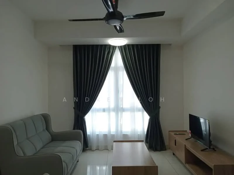 Living features: 3-seater fabric sofa in grey, wood coffee table, wall-mounted TV, floor-to-ceiling windows, sheer curtains, blackout curtains, ceiling fan, recessed ceiling light, white painted walls, glossy tile flooring; style: modern.