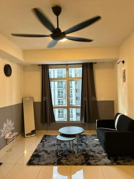 Living features: 5-blade ceiling fan with light, floor-to-ceiling windows, grey accent wall, white painted walls, white tiles flooring, black fabric sofa, round coffee table, area rug with geometric pattern, full-length mirror, blackout curtains, wall clock; style: modern; view: city.