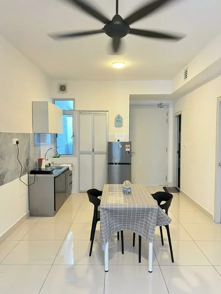 Kitchen features: white cabinets, grey marble backsplash, stainless-steel fridge, built-in oven, sink, chrome faucet, countertop, ceramic tile flooring; style: modern. Dining features: 4-seater dining table with checkered tablecloth, black dining chairs, ceiling fan, recessed lighting, white walls, sliding door, large window, tile flooring; style: modern.