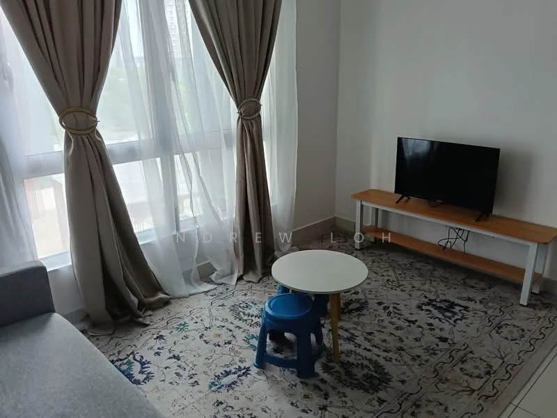Living features: grey fabric sofa, wooden TV console, wall-mounted TV, round white coffee table, blue plastic stool, area rug with intricate pattern, floor-to-ceiling windows, sheer curtains, decorative curtain tiebacks, neutral painted walls; style: modern.