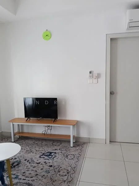 Room features: white painted walls, tile flooring, wall-mounted air conditioning unit, TV on wooden console, decorative area rug, clock on wall, light switch panel, door to another room; style: modern.