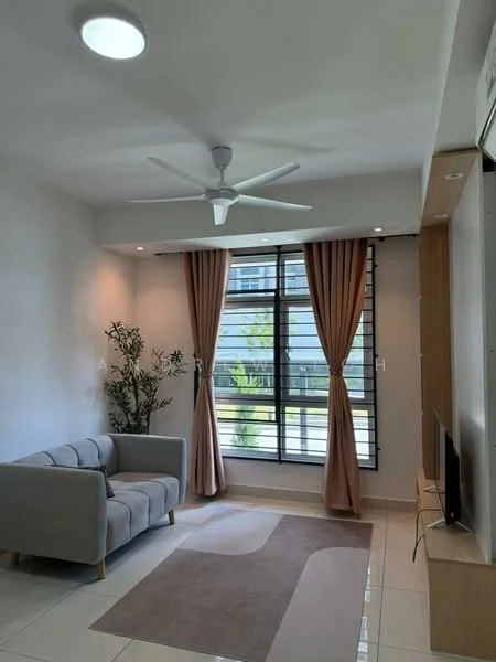 Living features: 3-seater fabric sofa in grey, ceiling fan, floor-to-ceiling windows, sheer curtains, wooden TV console, wall-mounted TV, area rug with geometric pattern, decorative indoor plants, light-colored walls, tile flooring, recessed ceiling lights; style: modern; view: garden.