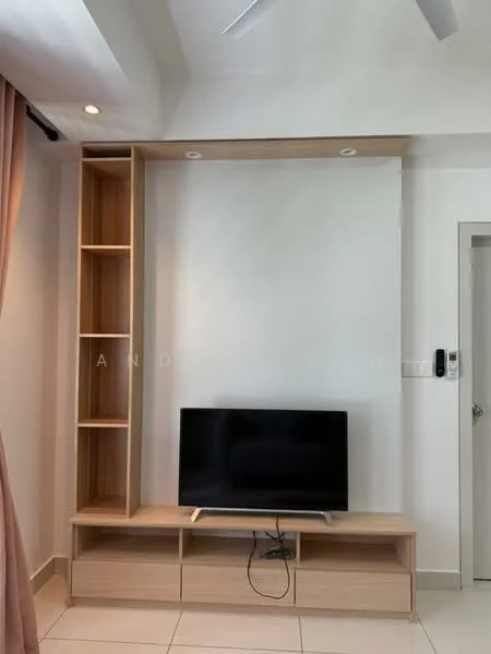 Living features: wall-mounted TV, wooden TV console, open shelving unit, white painted walls, recessed downlights, ceiling fan, light-colored floor tiles, curtains, doorway, intercom panel; style: modern.