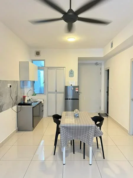 Kitchen features: white cabinets, grey marble backsplash, stainless-steel fridge, built-in oven, single-bowl stainless-steel sink, chrome pull-down faucet, ceramic tile flooring, recessed downlights; style: modern. Dining features: 4-seater dining table with checkered tablecloth, black dining chairs, ceiling fan with light, white painted walls, large window for natural light, ceramic tile flooring; style: modern.