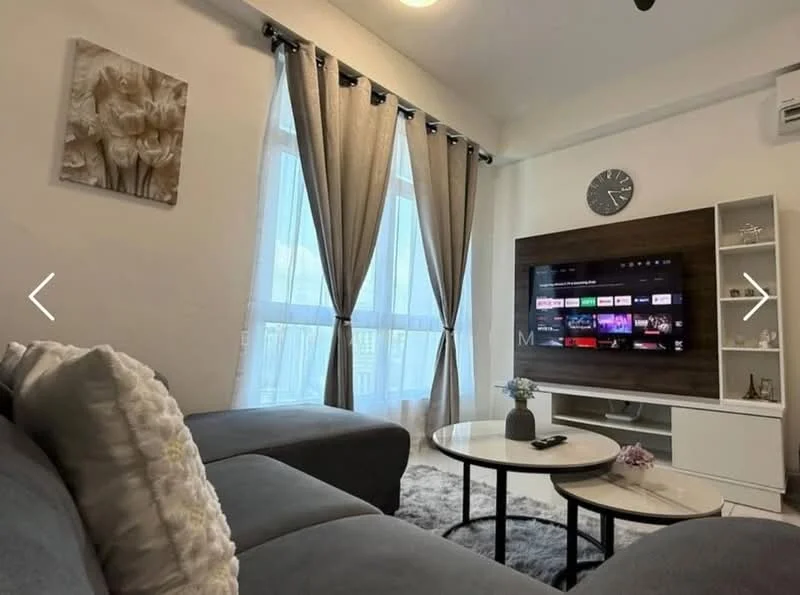Living features: grey fabric sectional sofa, round coffee table, white TV console, wall-mounted TV, decorative wall clock, framed artwork, floor-to-ceiling windows, sheer curtains, recessed ceiling lights, area rug with geometric pattern, decorative vase; style: modern; view: city.