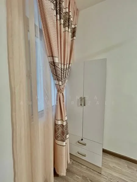Room features: light wood flooring, white walls, curtains with geometric pattern, white wardrobe with two drawers, window with sheer curtains; style: modern.
