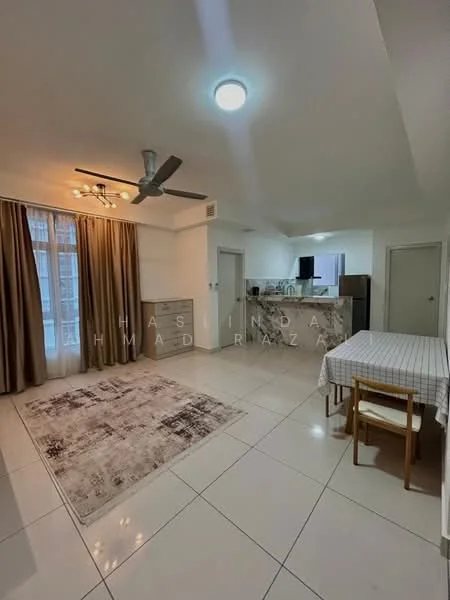 Living features: white painted walls, tile flooring, 5-blade ceiling fan with light, recessed downlights, floor-to-ceiling windows with sheer curtains, area rug with geometric pattern, dining table with 4 chairs, kitchen island with marble countertop, stainless-steel fridge, built-in cabinetry; style: modern.