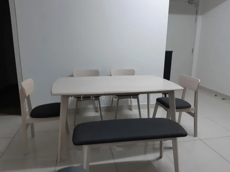 Dining features: rectangular dining table in light wood, 4 dining chairs with light wood frames and dark upholstered seats, bench seating with dark upholstery, white painted walls, tile flooring in light color, minimalist design; style: modern.