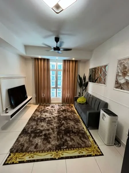 Living features: 3-seater fabric sofa in grey, area rug with floral pattern, wall-mounted TV, TV console, 5-blade ceiling fan with light, floor-to-ceiling windows, sheer curtains, decorative mirror, indoor plant, white painted walls, tile flooring; style: modern.