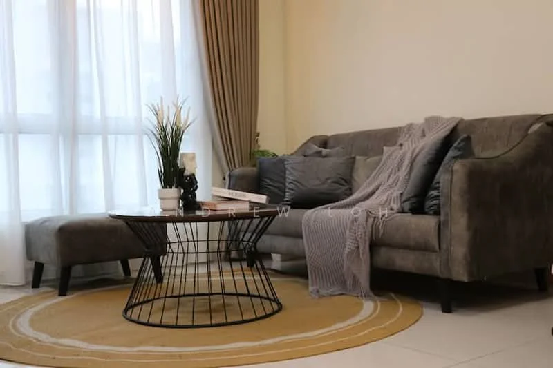 Living features: grey fabric sofa, decorative throw blanket, round coffee table with wire base, area rug with circular pattern, floor-to-ceiling windows, sheer curtains, decorative plant in pot, decorative figurine, cushions in various shades of grey; style: modern.