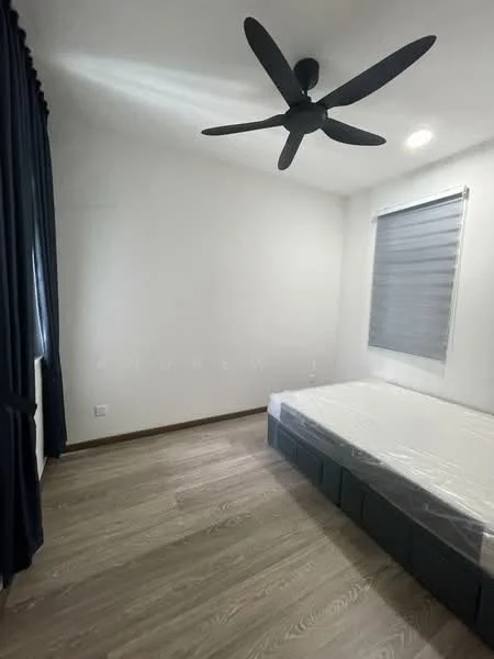Bedroom features: light wood laminate flooring, white painted walls, 5-blade ceiling fan in black, window with roller blinds, single bed frame, no bedding visible, dark blue curtains, recessed ceiling lights; style: modern.