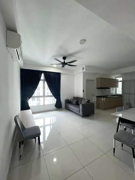 Living features: white painted walls, polished ceramic tile flooring, 5-blade ceiling fan with light, floor-to-ceiling windows, blue curtains, grey fabric sofa, wooden bench, dining table with grey chairs, air conditioning unit; style: modern; view: city. Kitchen features: open kitchen layout, kitchen cabinetry, countertop, stainless-steel sink, built-in oven, stove, refrigerator; style: modern.