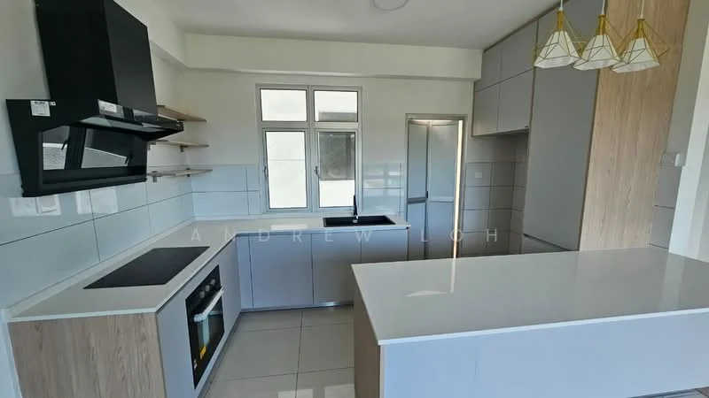 Kitchen features: white quartz countertop, grey cabinetry, wooden cabinetry, built-in oven, stainless-steel range hood, induction cooktop, single-bowl stainless-steel sink, chrome pull-down faucet, open shelving, tile backsplash, recessed downlights, pendant lighting, large window, ceramic tile flooring; style: modern.
