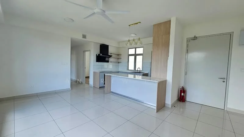 Kitchen features: white walls, tile flooring, ceiling fan, kitchen island with countertop, black range hood, built-in oven, open shelving, stainless-steel sink, single-bowl stainless-steel sink, chrome pull-down faucet, light fixture with multiple bulbs, window with natural light; style: modern. Living features: tile flooring, white walls, ceiling fan, natural light from window, open layout, access to hallway; style: modern.