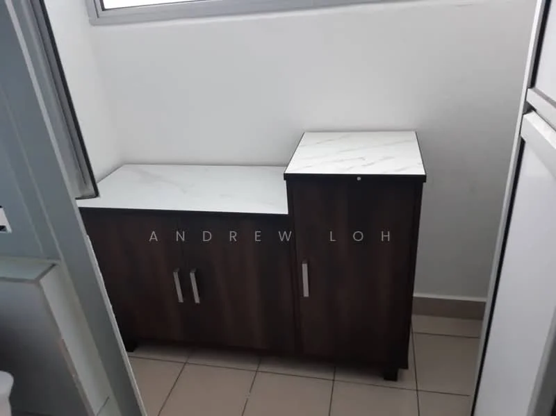 Room features: dark wood cabinetry, white marble countertop, two-door cabinet, flat-panel cabinet design, tile flooring, neutral wall color, window with natural light; style: modern.